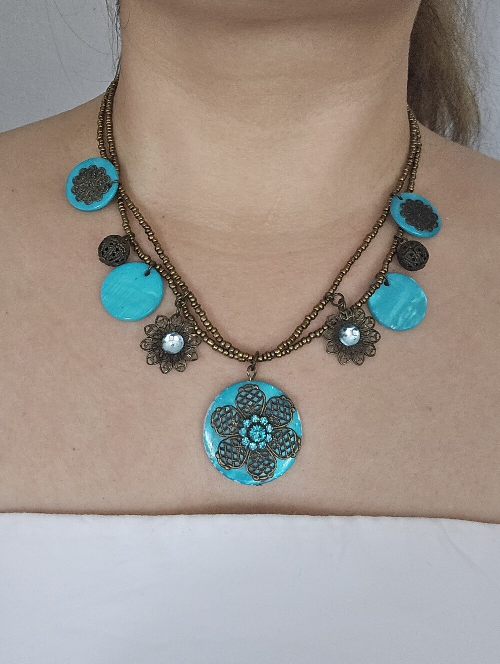 Turquoise Faux Capiz Shell Floral Beaded Pendant Necklace 19 Inch